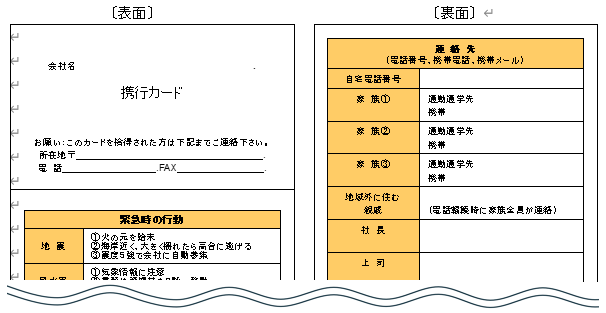緊急時行動の携行カード例画像